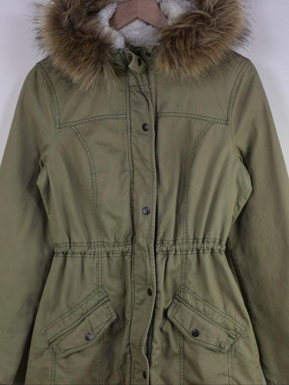 Hollister Olive Green Utility Parka with Faux Fur Hood